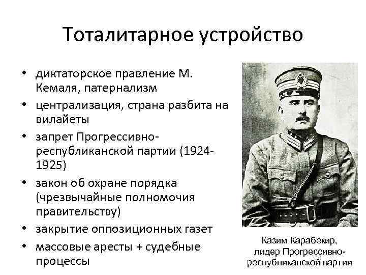 Тоталитарное устройство • диктаторское правление М. Кемаля, патернализм • централизация, страна разбита на вилайеты