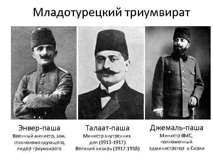 Младотурецкий триумвират Энвер-паша Военный министр, зам. главнокомандующего, лидер триумвирата Талаат-паша Министр внутренних дел (1913