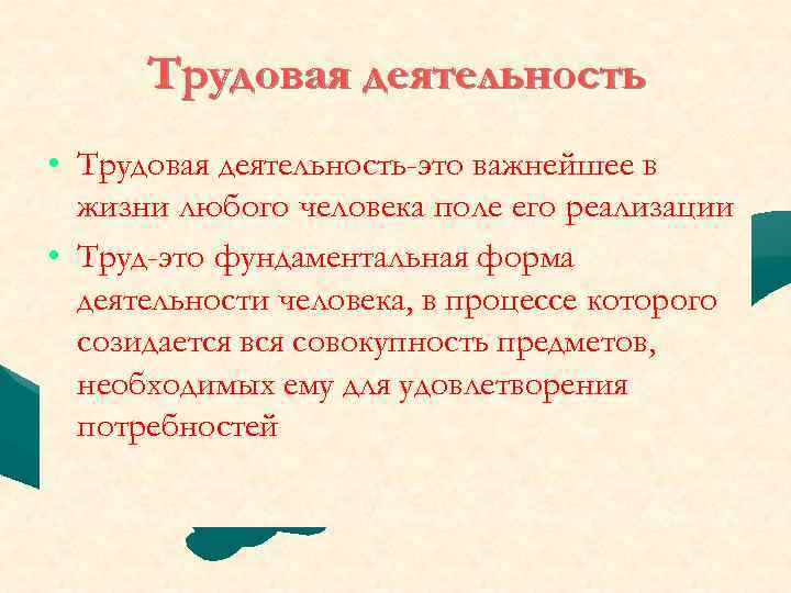 Трудовая деятельность • Трудовая деятельность-это важнейшее в жизни любого человека поле его реализации •