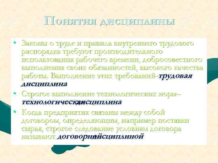 Понятия дисциплины • Законы о труде и правила внутреннего трудового распорядка требуют производительного использования