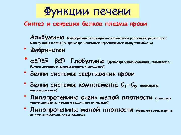 Функции печени Синтез и секреция белков плазмы крови Альбумины • выходу воды в ткани)