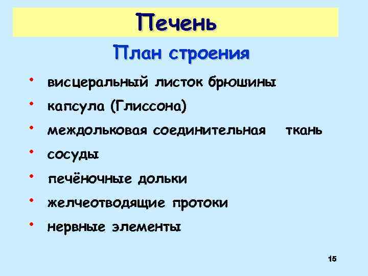 Печень План строения • • висцеральный листок брюшины капсула (Глиссона) междольковая соединительная ткань сосуды