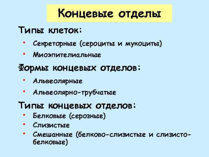 Концевые отделы Слюнные железы Типы клеток: • Секреторные (сероциты и мукоциты) • Миоэпителиальные Формы