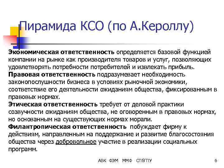 Пирамида КСО (по А. Кероллу) Экономическая ответственность определяется базовой функцией компании на рынке как