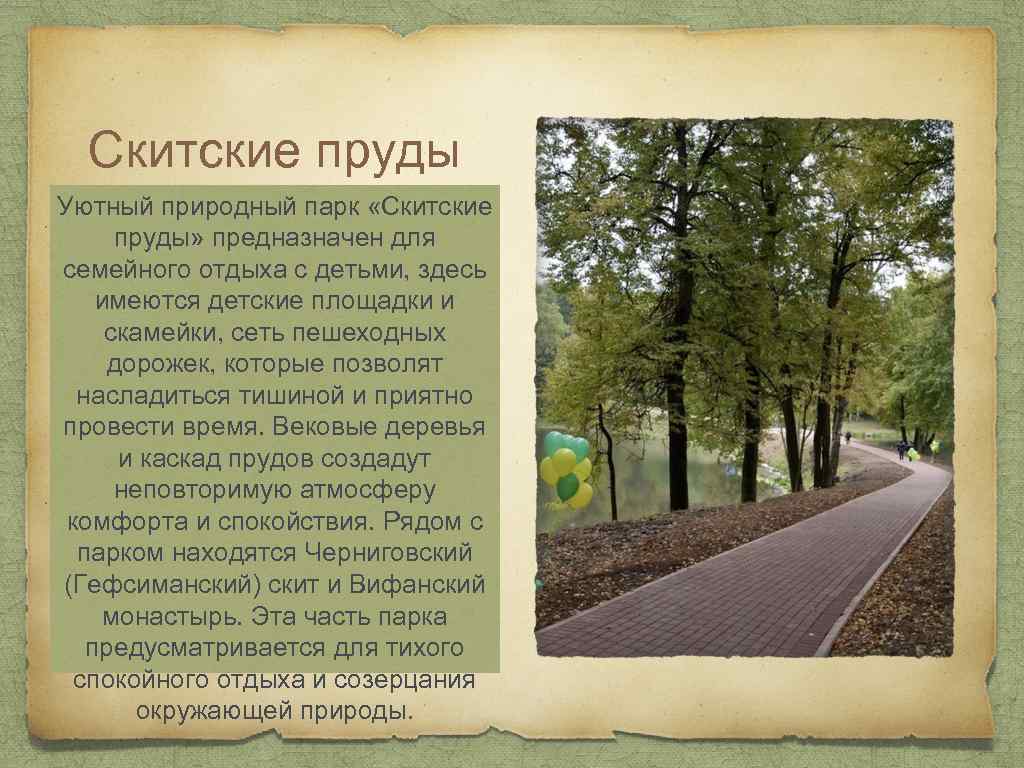 Скитские пруды Уютный природный парк «Скитские пруды» предназначен для семейного отдыха с детьми, здесь