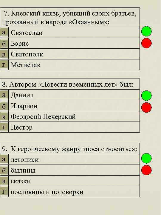7. Киевский князь, убивший своих братьев, прозванный в народе «Окаянным» : а Святослав б