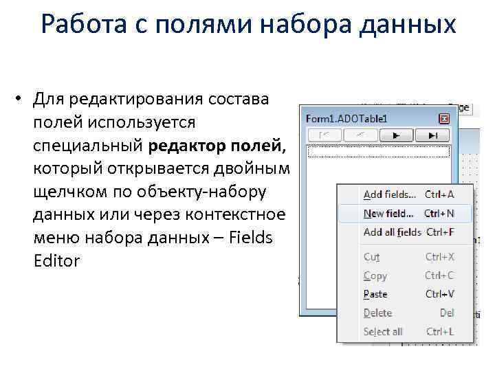 Работа с полями набора данных • Для редактирования состава полей используется специальный редактор полей,