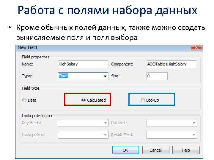 Работа с полями набора данных • Кроме обычных полей данных, также можно создать вычисляемые