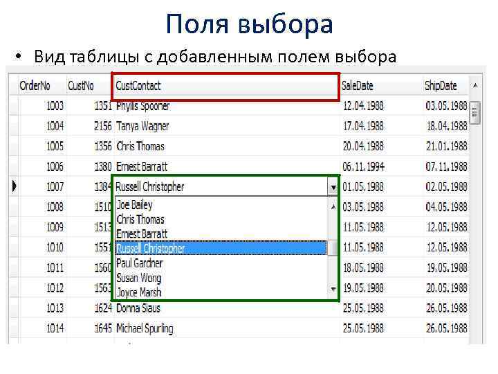 Поля выбора • Вид таблицы с добавленным полем выбора 