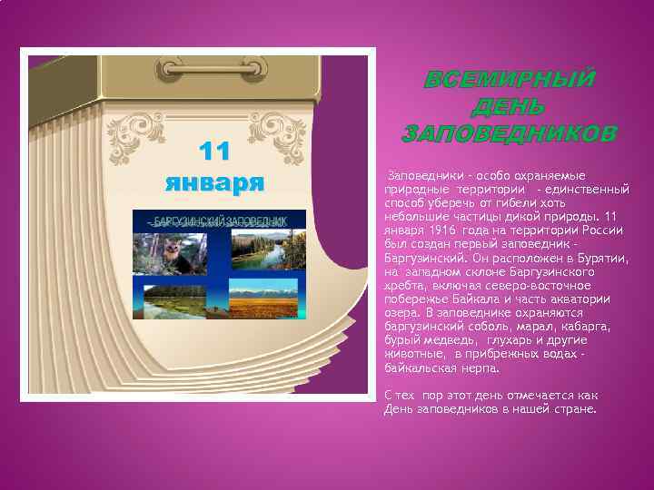 11 января ВСЕМИРНЫЙ ДЕНЬ ЗАПОВЕДНИКОВ Заповедники – особо охраняемые природные территории - единственный способ