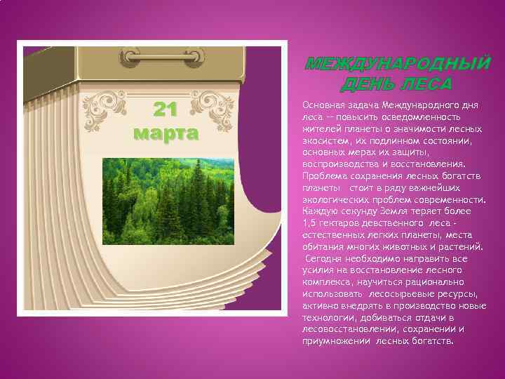 21 марта МЕЖДУНАРОДНЫЙ ДЕНЬ ЛЕСА Основная задача Международного дня леса — повысить осведомленность жителей