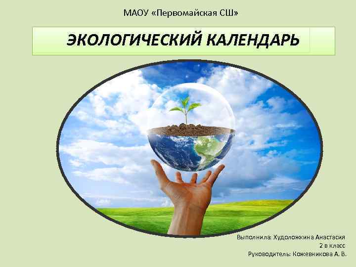 МАОУ «Первомайская СШ» ЭКОЛОГИЧЕСКИЙ КАЛЕНДАРЬ Выполнила: Худоложкина Анастасия 2 в класс Руководитель: Кожевникова А.