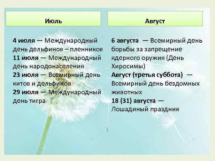 Июль 4 июля — Международный день дельфинов – пленников 11 июля — Международный день