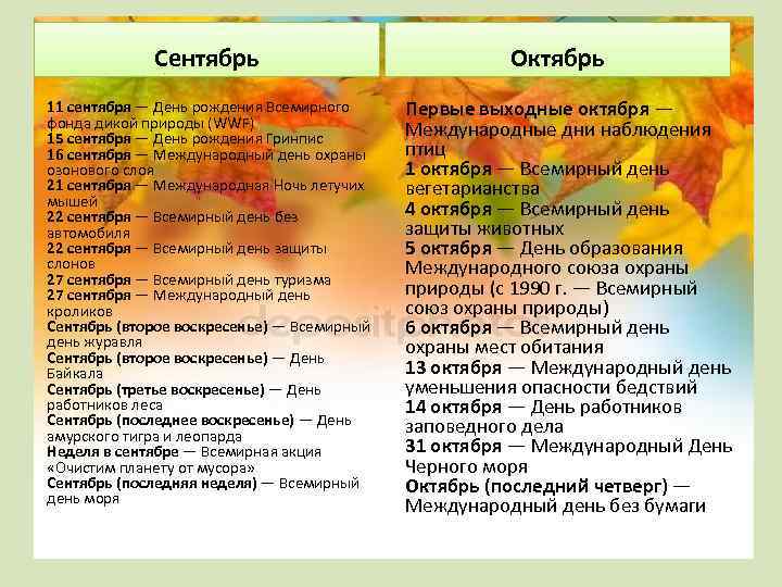Сентябрь 11 сентября — День рождения Всемирного фонда дикой природы (WWF) 15 сентября —