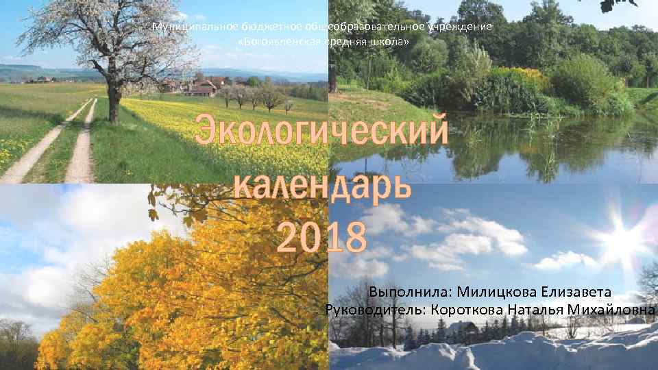 Муниципальное бюджетное общеобразовательное учреждение «Богоявленская средняя школа» Экологический календарь 2018 Выполнила: Милицкова Елизавета Руководитель: