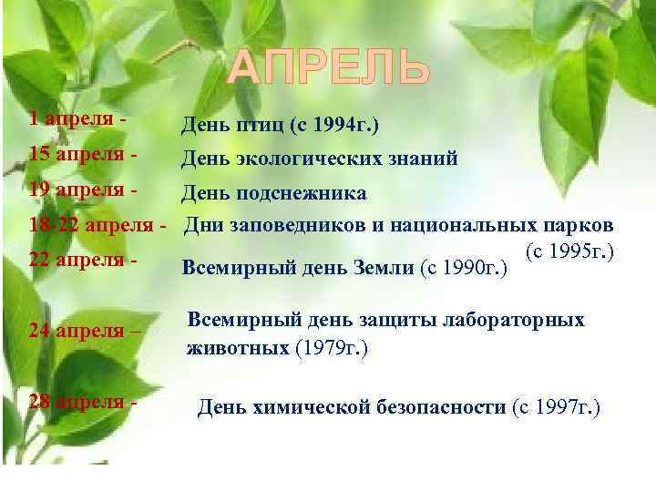 АПРЕЛЬ 1 апреля - День птиц (с 1994 г. ) 15 апреля - День