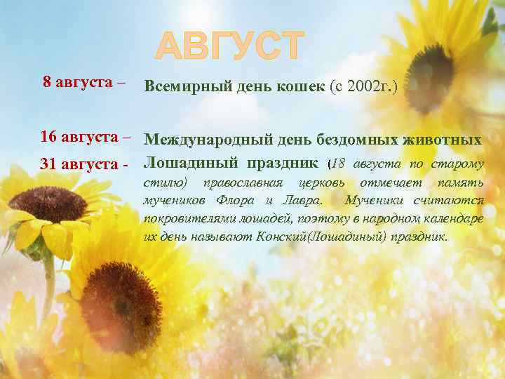 АВГУСТ 8 августа – Всемирный день кошек (с 2002 г. ) 16 августа –