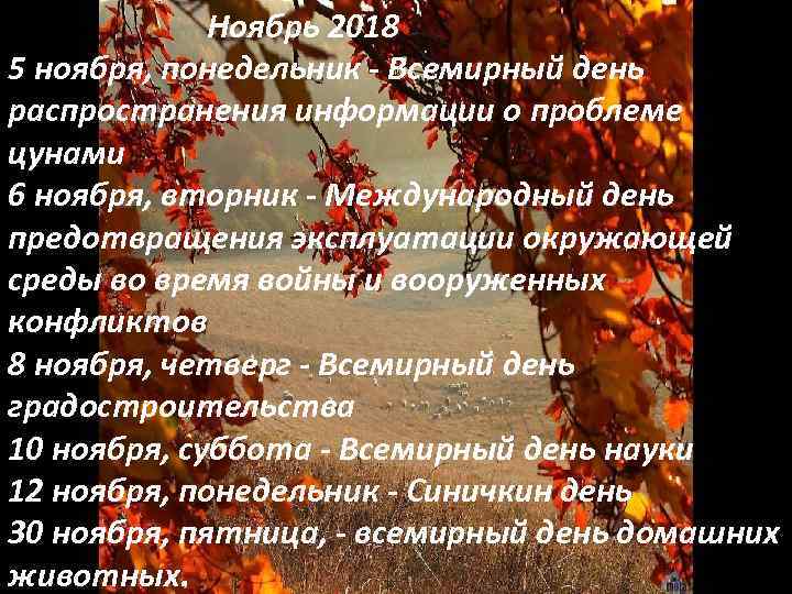 Ноябрь 2018 5 ноября, понедельник - Всемирный день распространения информации о проблеме цунами 6