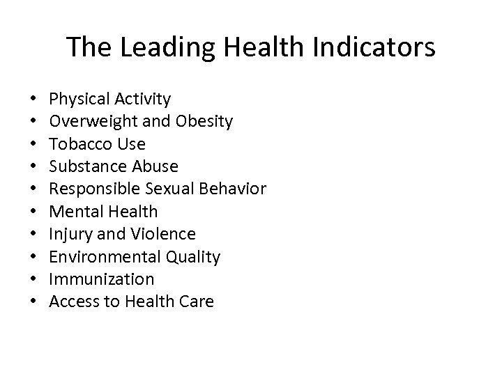 The Leading Health Indicators • • • Physical Activity Overweight and Obesity Tobacco Use