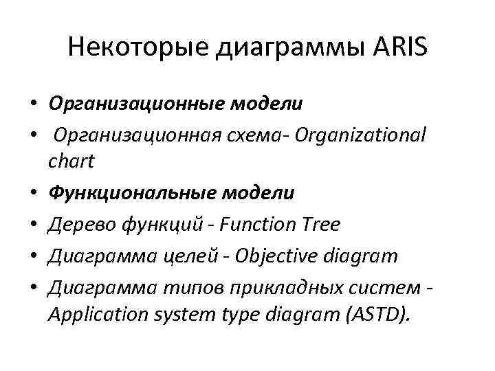 Некоторые диаграммы ARIS • Организационные модели • Организационная схема- Organizational chart • Функциональные модели