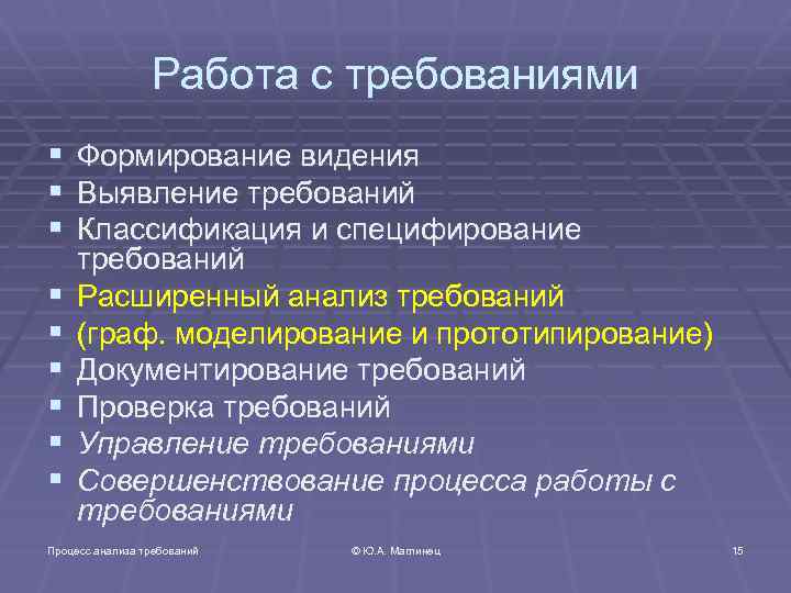 Работа с требованиями § § § § § Формирование видения Выявление требований Классификация и