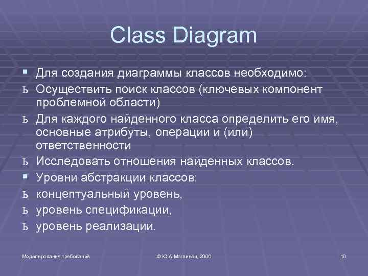 Class Diagram § Для создания диаграммы классов необходимо: ь Осуществить поиск классов (ключевых компонент