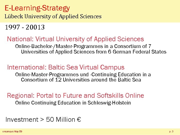 E-Learning-Strategy Lübeck University of Applied Sciences 1997 - 20013 National: Virtual University of Applied