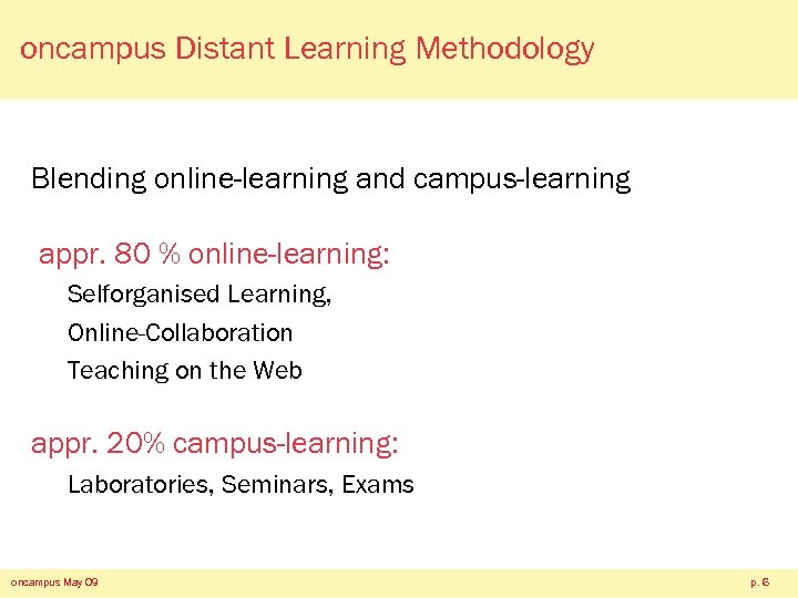 oncampus Distant Learning Methodology Blending online-learning and campus-learning appr. 80 % online-learning: Selforganised Learning,