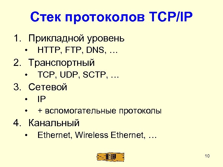 Стек протоколов TCP/IP 1. Прикладной уровень • HTTP, FTP, DNS, … 2. Транспортный •