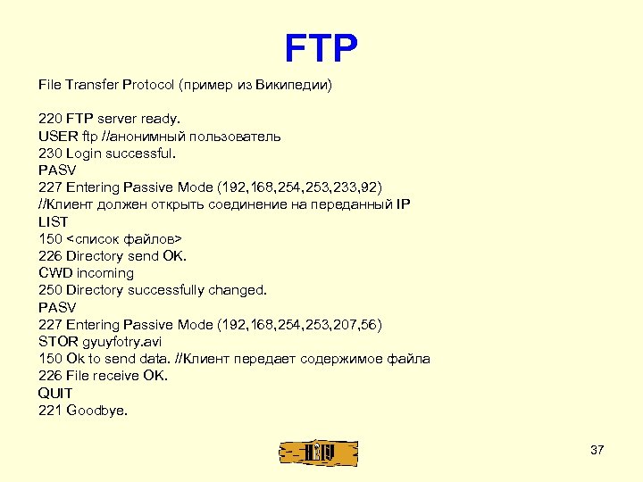 FTP File Transfer Protocol (пример из Википедии) 220 FTP server ready. USER ftp //анонимный