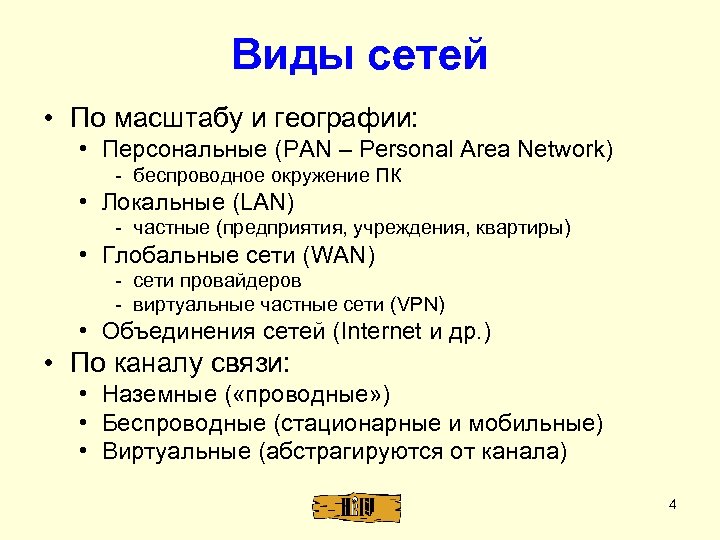 Виды сетей • По масштабу и географии: • Персональные (PAN – Personal Area Network)