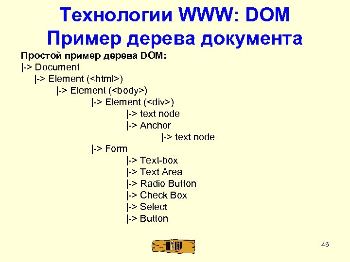 Технологии WWW: DOM Пример дерева документа Простой пример дерева DOM: |-> Document |-> Element