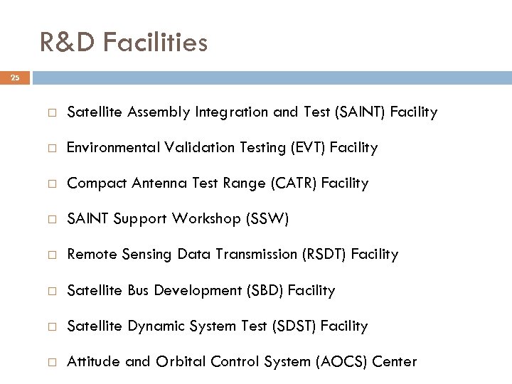 R&D Facilities 25 Satellite Assembly Integration and Test (SAINT) Facility Environmental Validation Testing (EVT)