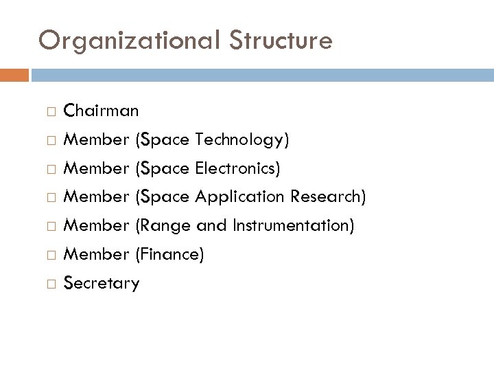 Organizational Structure Chairman Member (Space Technology) Member (Space Electronics) Member (Space Application Research) Member