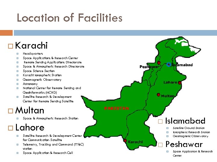 Location of Facilities Karachi Multan Headquarters Space Applications & Research Center Remote Sensing Applications