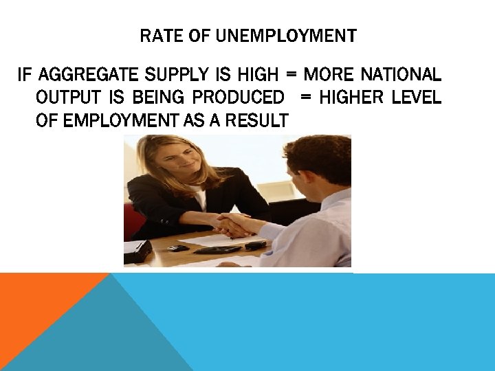 RATE OF UNEMPLOYMENT IF AGGREGATE SUPPLY IS HIGH = MORE NATIONAL OUTPUT IS BEING