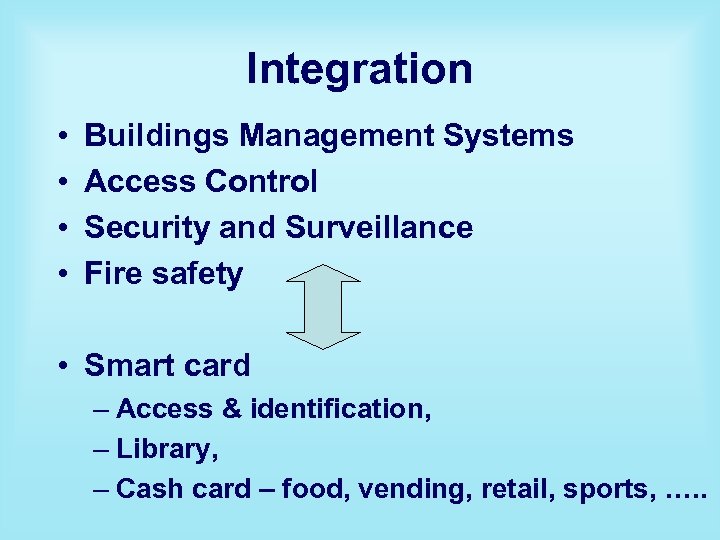 Integration • • Buildings Management Systems Access Control Security and Surveillance Fire safety •