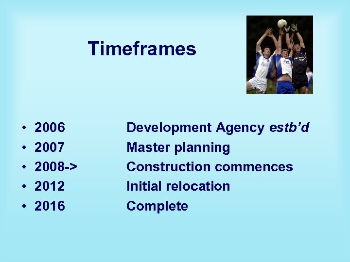 Timeframes • • • 2006 2007 2008 -> 2012 2016 Development Agency estb’d Master