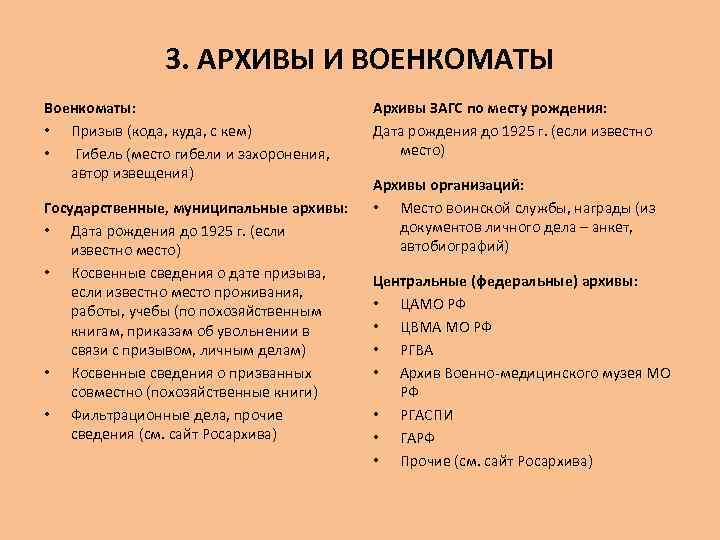 3. АРХИВЫ И ВОЕНКОМАТЫ Военкоматы: • Призыв (кода, куда, с кем) • Гибель (место