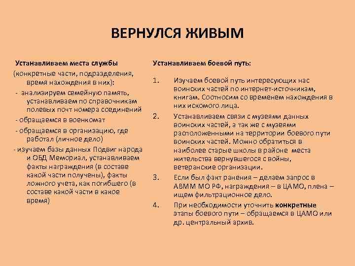 ВЕРНУЛСЯ ЖИВЫМ Устанавливаем места службы (конкретные части, подразделения, время нахождения в них): - анализируем