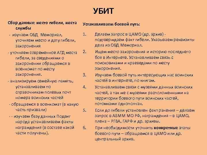 УБИТ Сбор данных: место гибели, места службы - изучаем ОБД Мемориал, уточняем место и