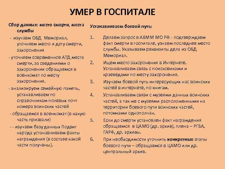 УМЕР В ГОСПИТАЛЕ Сбор данных: место смерти, места службы - изучаем ОБД Мемориал, уточняем