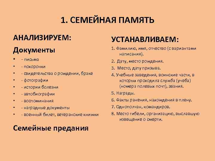 1. СЕМЕЙНАЯ ПАМЯТЬ АНАЛИЗИРУЕМ: Документы • - письма • • - похоронки - свидетельства