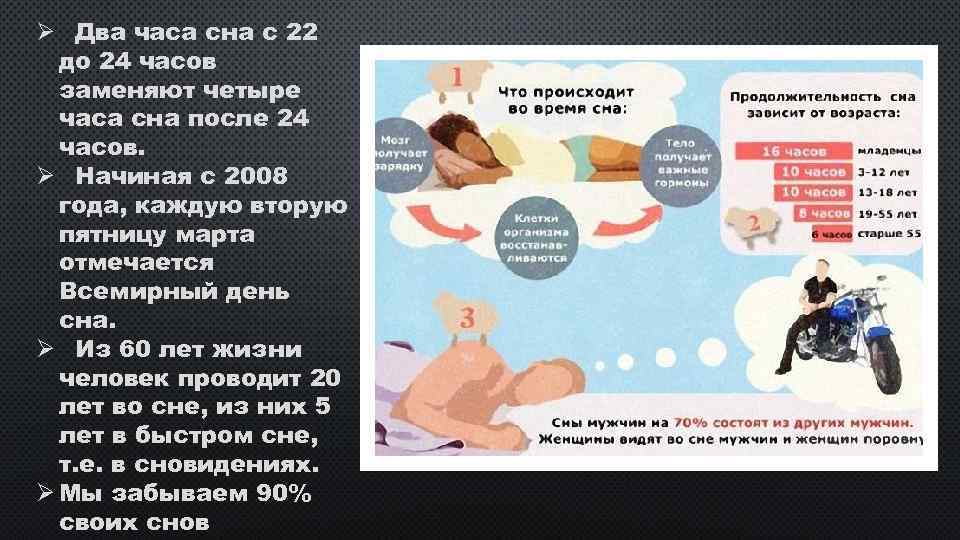 Ø Два часа сна с 22 до 24 часов заменяют четыре часа сна после
