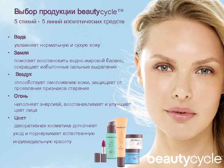 Выбор продукции beautycycle™ 5 стихий - 5 линий косметических средств • Вода увлажняет нормальную