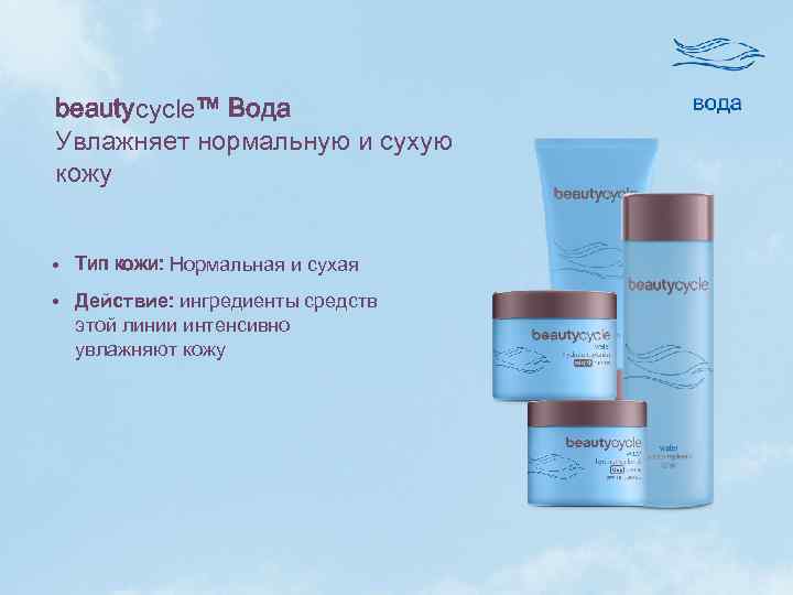 beautycycle™ Вода Увлажняет нормальную и сухую кожу • Тип кожи: Нормальная и сухая •