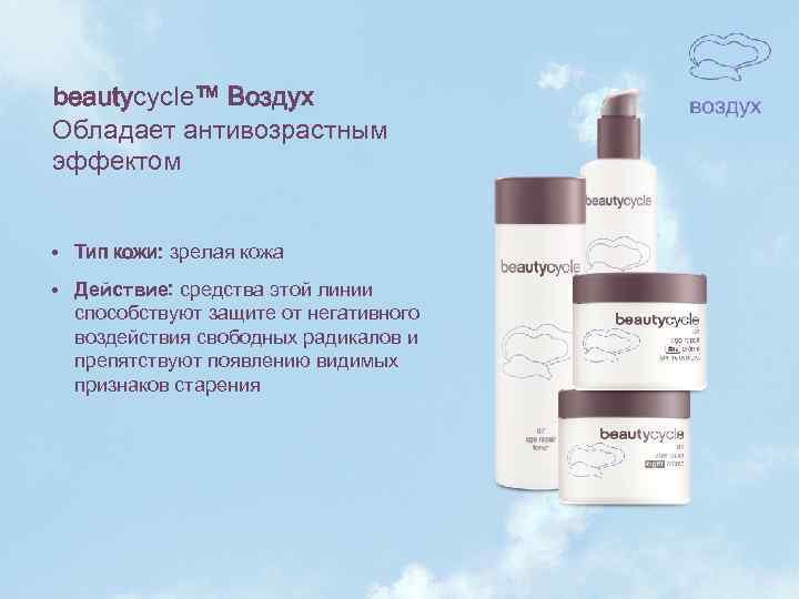 beautycycle™ Воздух Обладает антивозрастным эффектом • Тип кожи: зрелая кожа • Действие: средства этой