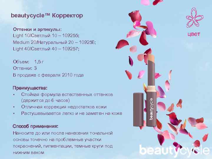 beautycycle™ Корректор Оттенки и артикулы: Light 10/Светлый 10 – 109255; Medium 20/Натуральный 20 –