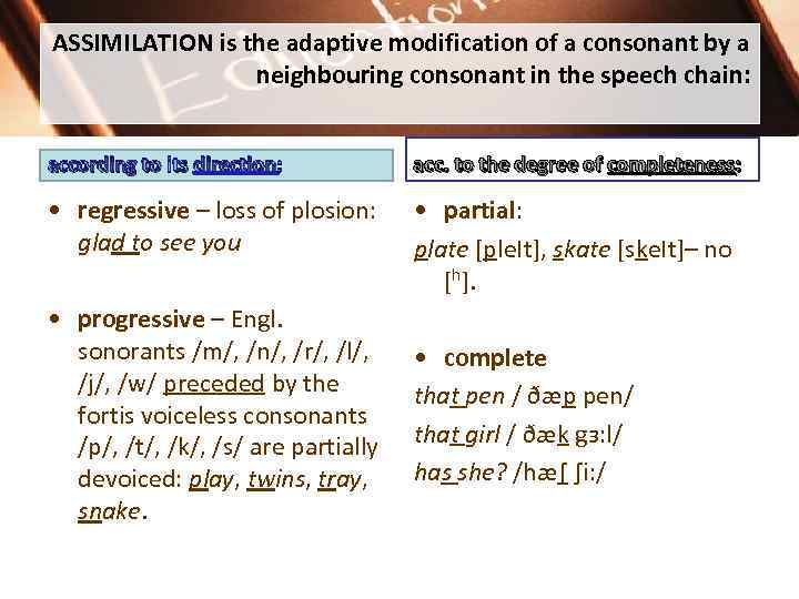 ASSIMILATION is the adaptive modification of a consonant by a neighbouring consonant in the