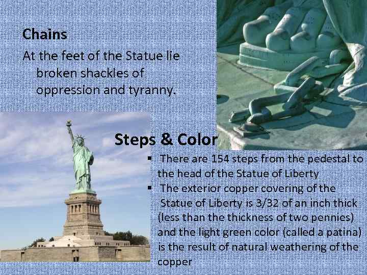 Chains At the feet of the Statue lie broken shackles of oppression and tyranny.